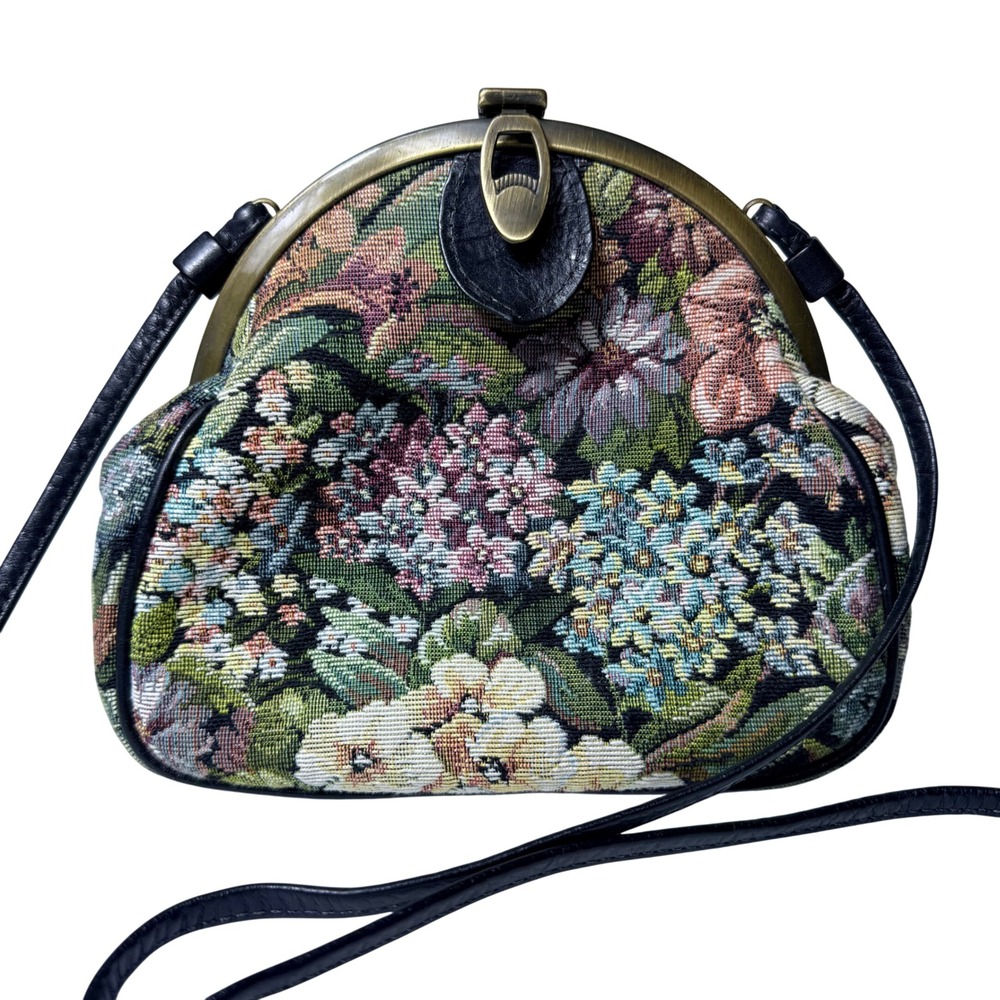 Floral Tapestry Crossbody Kiss Lock Frame Bag Cottagecore Brass Hardware Boho